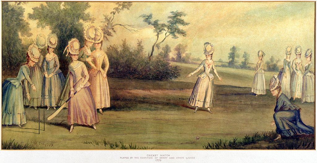 Cricket match, ladies in Georgian dresses and hats. Bowler kneels at right to bowl underhanded. Lady at left with bat. Wicket-keeper is ready behind the wicket, double rods stuck into the ground. and fielders are at the ready.